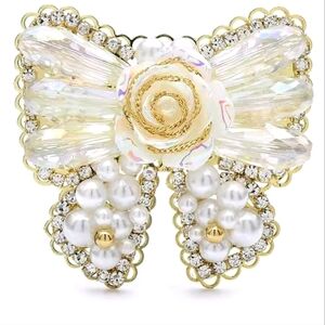 Goldplated Faux Pearl Iridescent Stone Floral Butterfly Brooch Pin
